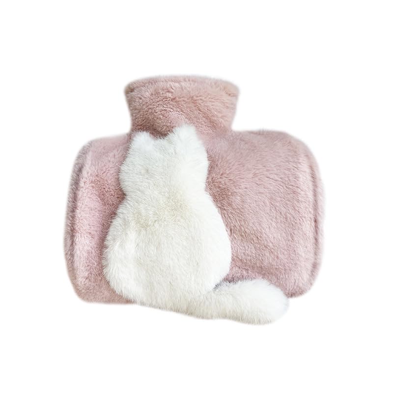 Plush Hot Water Bottle PVC Cute Plush Hot Water Bag for Hot and Cold Compress with Pockets on Both Sides 1500ML Capacity Christmas New Year Valentine's Day Birthday Gift 3D Catï¼ˆPink and Whiteï¼‰